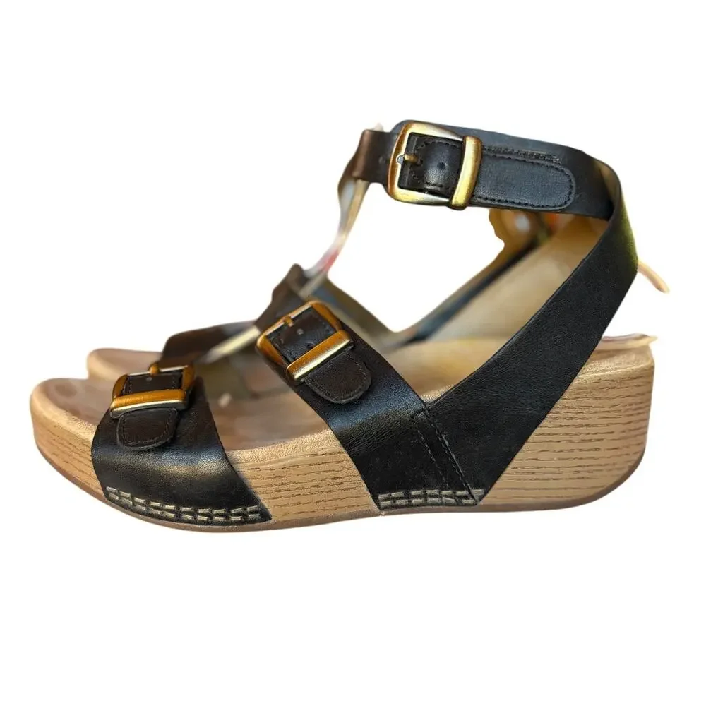 Dansko "Lou" Black Leather Strappy Wedge Sandals w Brass Tone Hardware US 7.5-8 - Picture 4 of 16